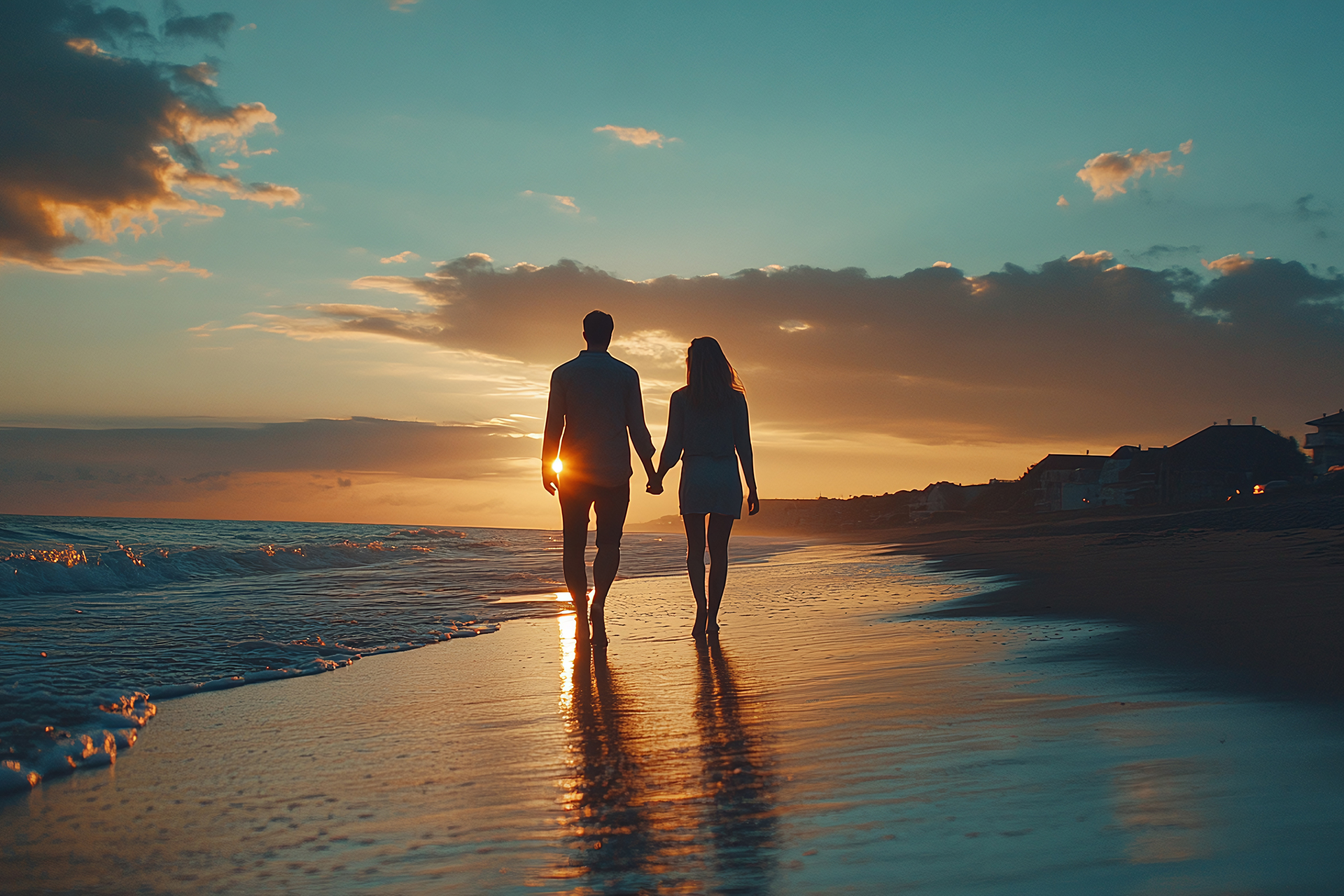 silhouette of young couple, man and woman walking on the sand be